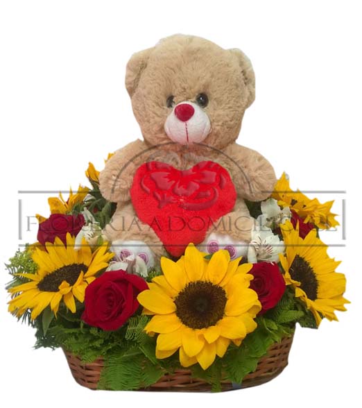 Cesta de Girasoles, Rosas y Peluche 26cm